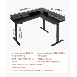 VEVOR L Shaped Desk, Electric Adjustable Height Corner Gaming Desk with CPU Stands, Dual Hooks and Fabric Drawers, L-Shaped Computer Table with Power Strip for Home Office, Easy to Assemble, Black