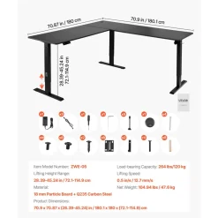 VEVOR L Shaped Desk, Electric Adjustable Height Corner Gaming Desk with Dual Hooks, Heavy Duty Carbon Steel L-Shaped Computer Table with Power Outlets for Home, Office, Study, Easy to Assemble, Black