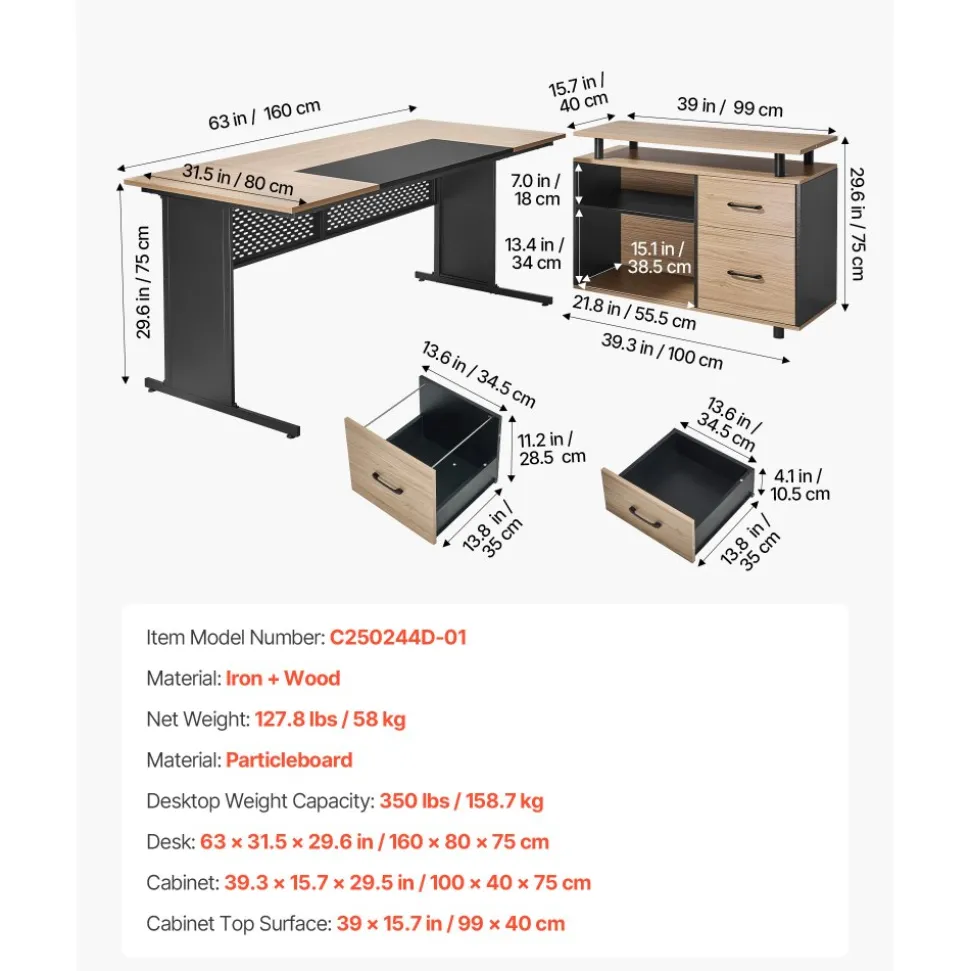 VEVOR L-Shaped Executive Desk, Modern Reversible Office Table with Drawers & Storage Cabinet, Heavy Duty Large Wooden Executive Table, 350 LBS Load Capacity, Easy Assembly, for Work Study Writing