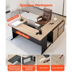 VEVOR L-Shaped Executive Desk, Modern Reversible Office Table with Drawers & Storage Cabinet, Heavy Duty Large Wooden Executive Table, 350 LBS Load Capacity, Easy Assembly, for Work Study Writing