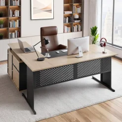 VEVOR L-Shaped Executive Desk, Modern Reversible Office Table with Drawers & Storage Cabinet, Heavy Duty Large Wooden Executive Table, 350 LBS Load Capacity, Easy Assembly, for Work Study Writing