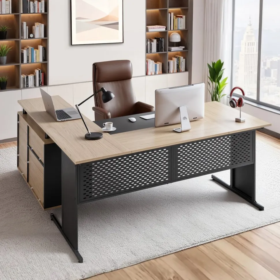 VEVOR L-Shaped Executive Desk, Modern Reversible Office Table with Drawers & Storage Cabinet, Heavy Duty Large Wooden Executive Table, 350 LBS Load Capacity, Easy Assembly, for Work Study Writing