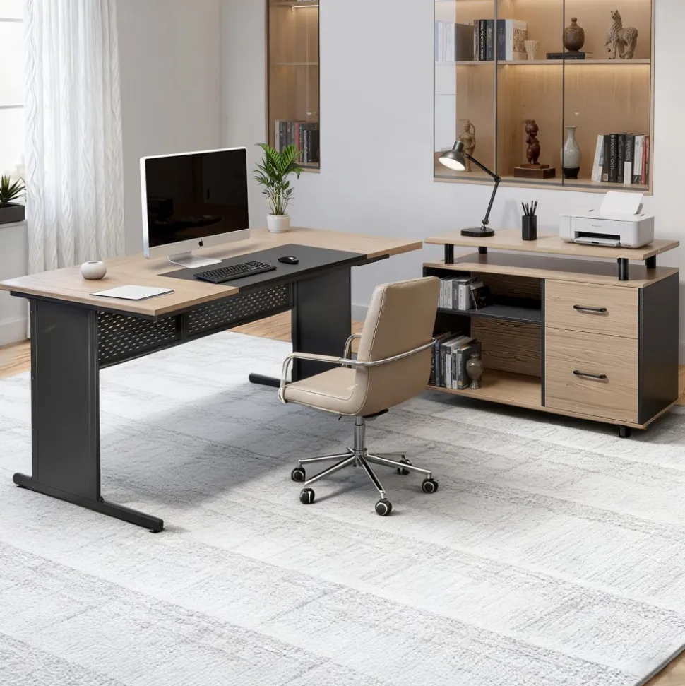 VEVOR L-Shaped Executive Desk, Modern Reversible Office Table with Drawers & Storage Cabinet, Heavy Duty Large Wooden Executive Table, 350 LBS Load Capacity, Easy Assembly, for Work Study Writing
