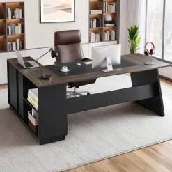 VEVOR L-Shaped Executive Desk, Large Modern Office Table with Drawers and Storage Cabinet, Heavy Duty Wooden Executive Table, 350 LBS Load Capacity, Easy Assembly, for Work Study Writing, Brown+Black