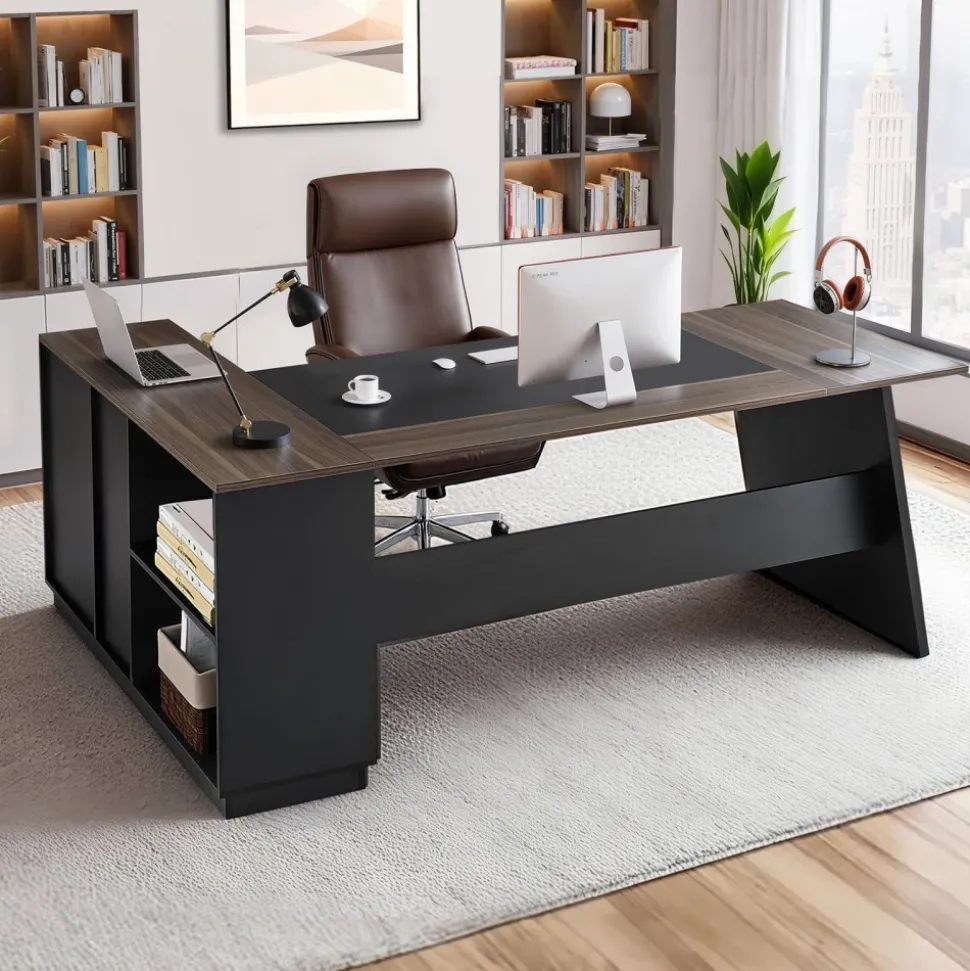 VEVOR L-Shaped Executive Desk, Large Modern Office Table with Drawers and Storage Cabinet, Heavy Duty Wooden Executive Table, 350 LBS Load Capacity, Easy Assembly, for Work Study Writing, Brown+Black