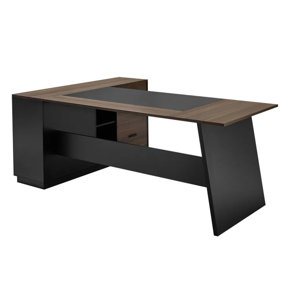 VEVOR L-Shaped Executive Desk, Large Modern Office Table with Drawers and Storage Cabinet, Heavy Duty Wooden Executive Table, 350 LBS Load Capacity, Easy Assembly, for Work Study Writing, Brown+Black