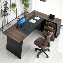 VEVOR L-Shaped Executive Desk, Large Modern Office Table with Drawers and Storage Cabinet, Heavy Duty Wooden Executive Table, 350 LBS Load Capacity, Easy Assembly, for Work Study Writing, Brown+Black