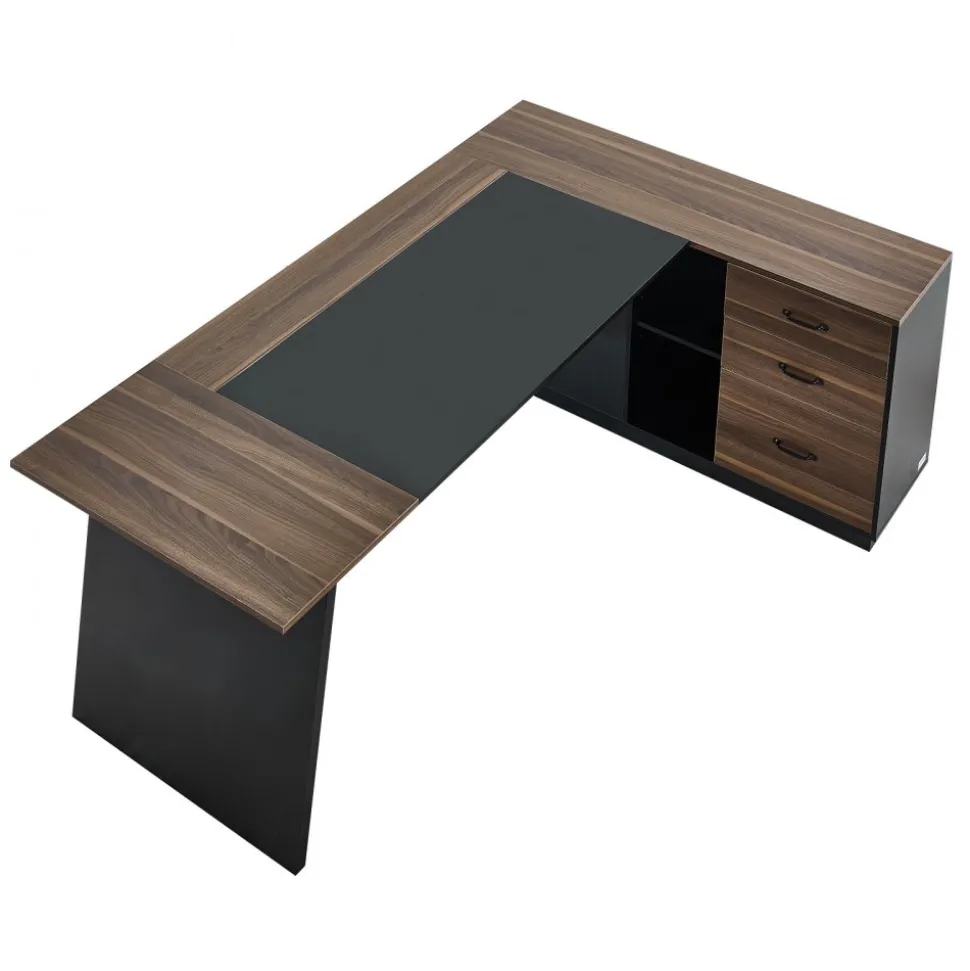 VEVOR L-Shaped Executive Desk, Large Modern Office Table with Drawers and Storage Cabinet, Heavy Duty Wooden Executive Table, 350 LBS Load Capacity, Easy Assembly, for Work Study Writing, Brown+Black