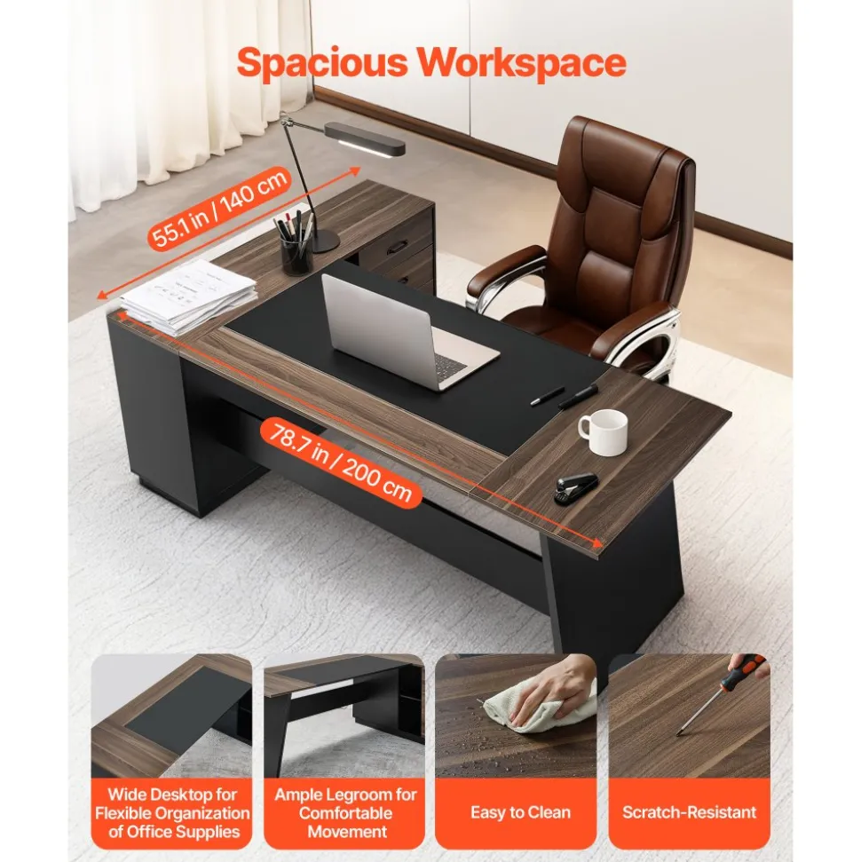 VEVOR L-Shaped Executive Desk, Large Modern Office Table with Drawers and Storage Cabinet, Heavy Duty Wooden Executive Table, 350 LBS Load Capacity, Easy Assembly, for Work Study Writing, Brown+Black