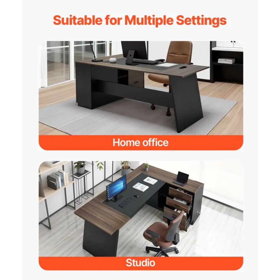 VEVOR L-Shaped Executive Desk, Large Modern Office Table with Drawers and Storage Cabinet, Heavy Duty Wooden Executive Table, 350 LBS Load Capacity, Easy Assembly, for Work Study Writing, Brown+Black