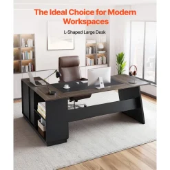 VEVOR L-Shaped Executive Desk, Large Modern Office Table with Drawers and Storage Cabinet, Heavy Duty Wooden Executive Table, 350 LBS Load Capacity, Easy Assembly, for Work Study Writing, Brown+Black