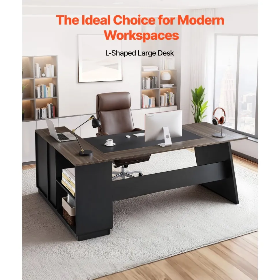 VEVOR L-Shaped Executive Desk, Large Modern Office Table with Drawers and Storage Cabinet, Heavy Duty Wooden Executive Table, 350 LBS Load Capacity, Easy Assembly, for Work Study Writing, Brown+Black