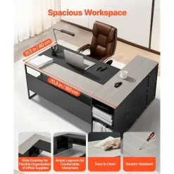 VEVOR L-Shaped Executive Desk, Large Modern Office Table with Drawers & Storage Cabinet, Heavy Duty Wooden Executive Table with CPU Stand, 350 LBS Load Capacity, Easy Assembly, for Work Study Writing