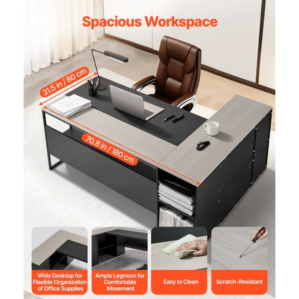 VEVOR L-Shaped Executive Desk, Large Modern Office Table with Drawers & Storage Cabinet, Heavy Duty Wooden Executive Table with CPU Stand, 350 LBS Load Capacity, Easy Assembly, for Work Study Writing