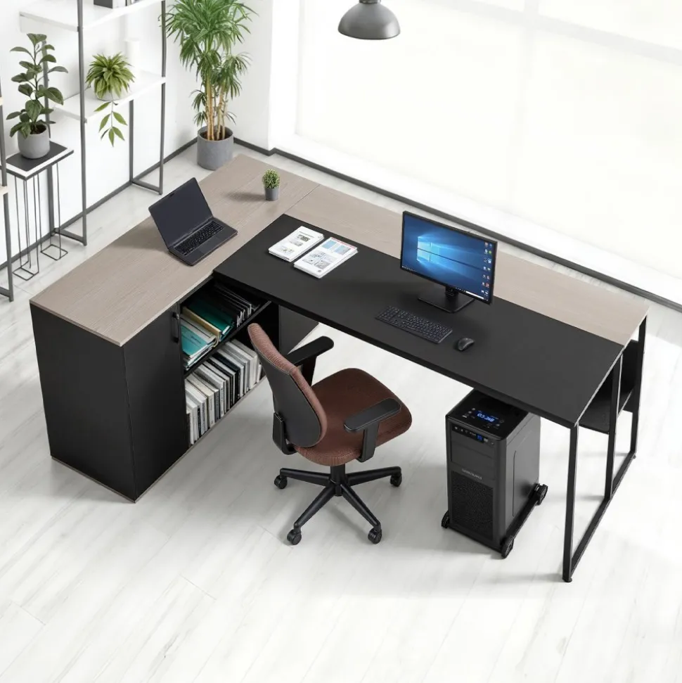 VEVOR L-Shaped Executive Desk, Large Modern Office Table with Drawers & Storage Cabinet, Heavy Duty Wooden Executive Table with CPU Stand, 350 LBS Load Capacity, Easy Assembly, for Work Study Writing