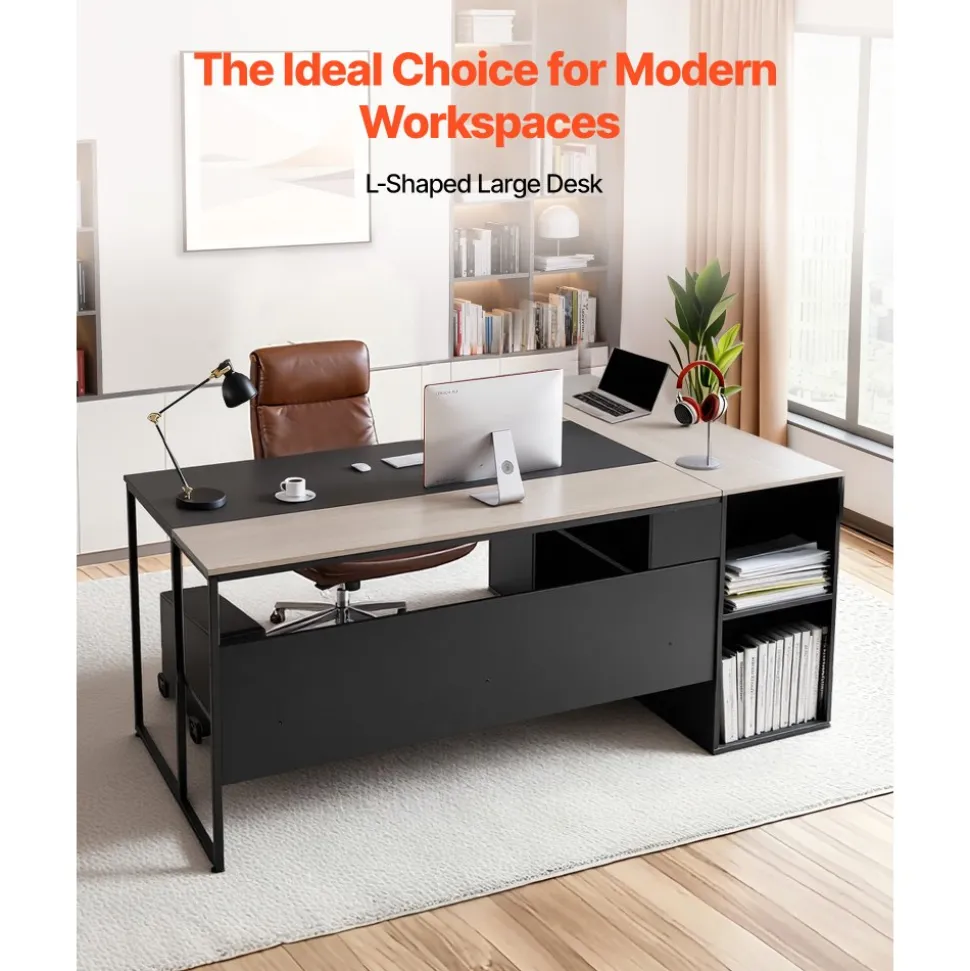 VEVOR L-Shaped Executive Desk, Large Modern Office Table with Drawers & Storage Cabinet, Heavy Duty Wooden Executive Table with CPU Stand, 350 LBS Load Capacity, Easy Assembly, for Work Study Writing