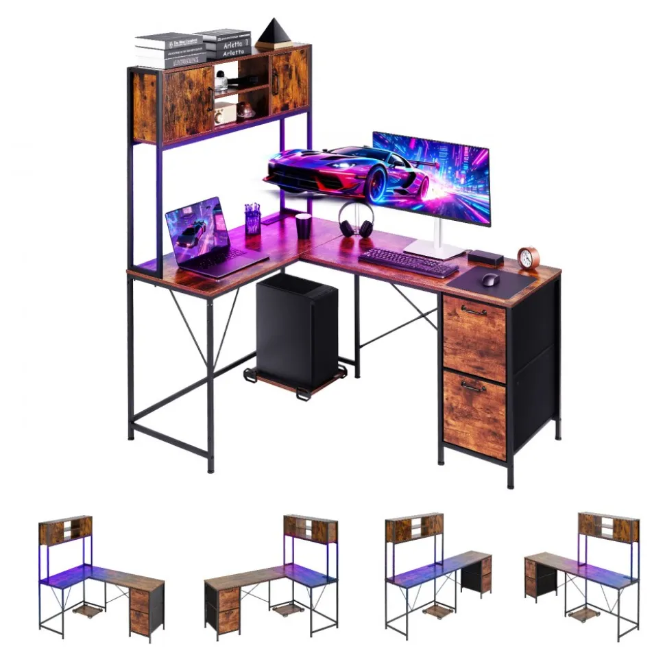 VEVOR L-Shaped Gaming Desk with LED Lights, 62.2-inch Reversible Corner Computer Desk with Power Outlets, Movable CPU Stand & Storage Drawers, Modern Stylish PC Gaming Table for Home Office