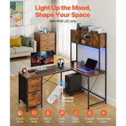 VEVOR L-Shaped Gaming Desk with LED Lights, 62.2-inch Reversible Corner Computer Desk with Power Outlets, Movable CPU Stand & Storage Drawers, Modern Stylish PC Gaming Table for Home Office