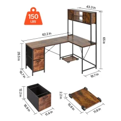 VEVOR L-Shaped Gaming Desk with LED Lights, 62.2-inch Reversible Corner Computer Desk with Power Outlets, Movable CPU Stand & Storage Drawers, Modern Stylish PC Gaming Table for Home Office