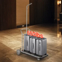 VEVOR Luggage Cart, 600 LBS Load Capacity, 3 Wheel Stainless Steel Bellman Cart, Valet Cart with Grey Carpeted Deck and Rubber Wheels, Ideal for Convention Centers, Hotels, Rental Properties, Silver