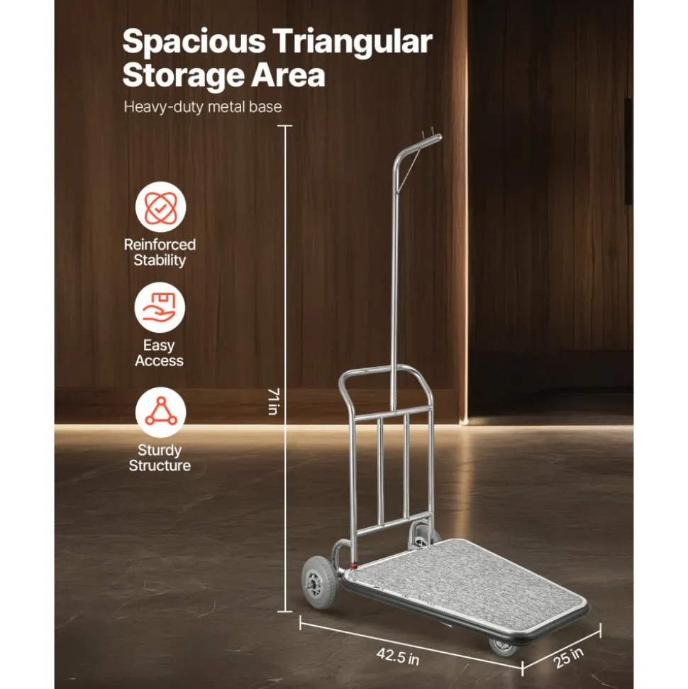 VEVOR Luggage Cart, 600 LBS Load Capacity, 3 Wheel Stainless Steel Bellman Cart, Valet Cart with Grey Carpeted Deck and Rubber Wheels, Ideal for Convention Centers, Hotels, Rental Properties, Silver