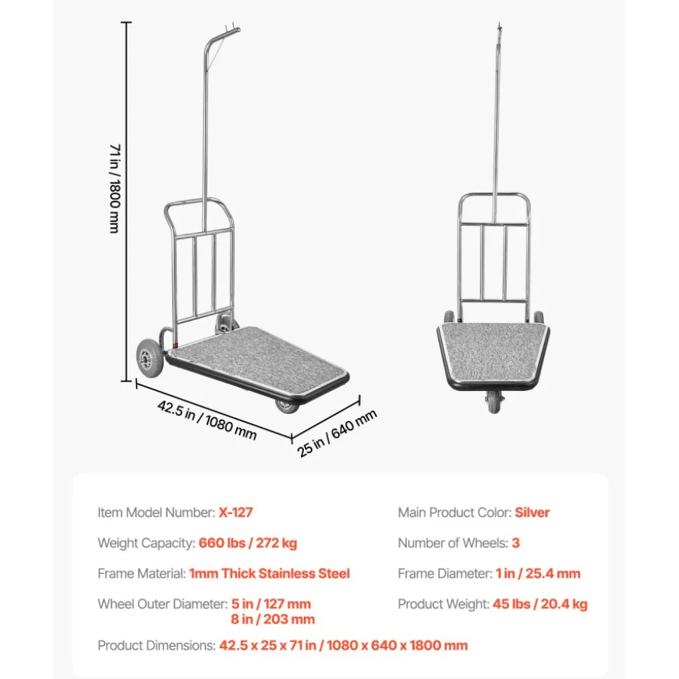 VEVOR Luggage Cart, 600 LBS Load Capacity, 3 Wheel Stainless Steel Bellman Cart, Valet Cart with Grey Carpeted Deck and Rubber Wheels, Ideal for Convention Centers, Hotels, Rental Properties, Silver