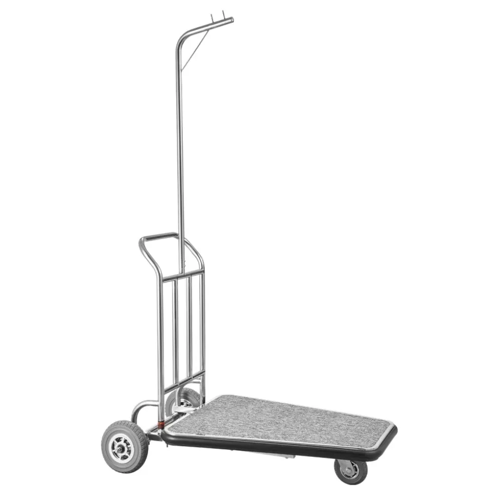 VEVOR Luggage Cart, 600 LBS Load Capacity, 3 Wheel Stainless Steel Bellman Cart, Valet Cart with Grey Carpeted Deck and Rubber Wheels, Ideal for Convention Centers, Hotels, Rental Properties, Silver