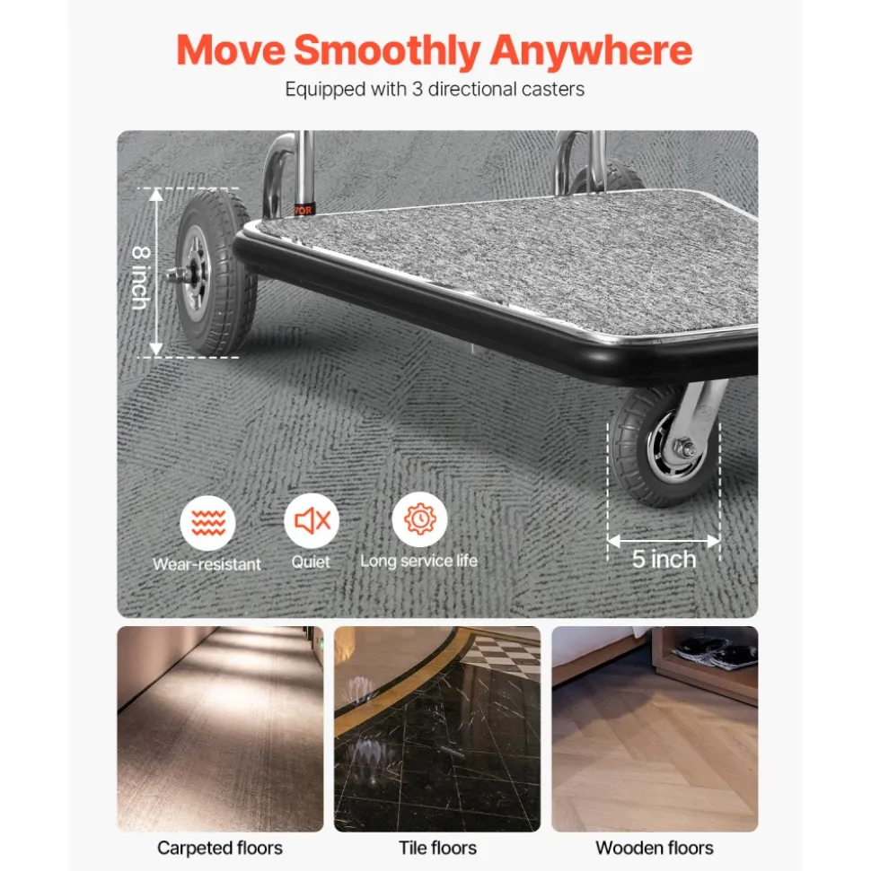 VEVOR Luggage Cart, 600 LBS Load Capacity, 3 Wheel Stainless Steel Bellman Cart, Valet Cart with Grey Carpeted Deck and Rubber Wheels, Ideal for Convention Centers, Hotels, Rental Properties, Silver