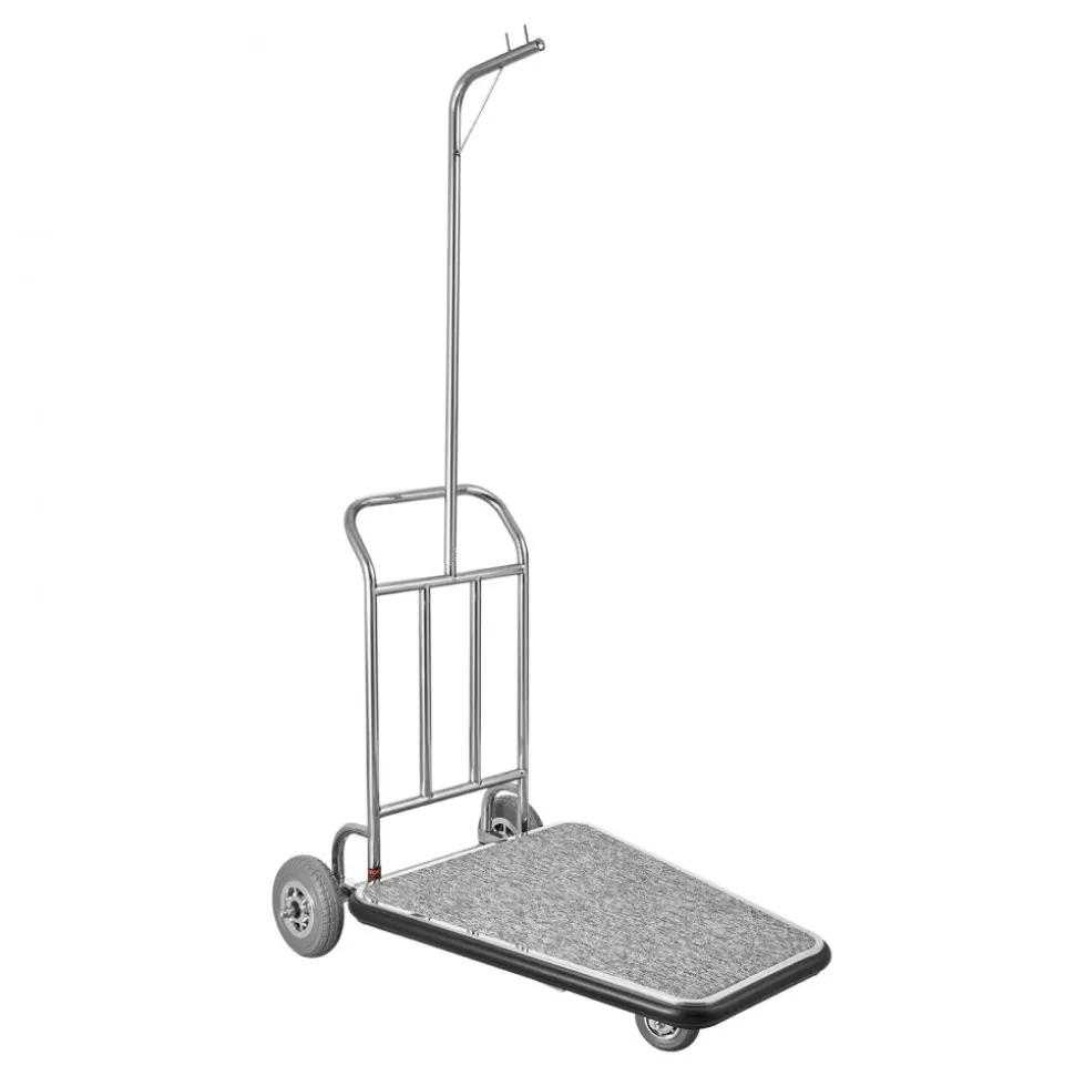 VEVOR Luggage Cart, 600 LBS Load Capacity, 3 Wheel Stainless Steel Bellman Cart, Valet Cart with Grey Carpeted Deck and Rubber Wheels, Ideal for Convention Centers, Hotels, Rental Properties, Silver