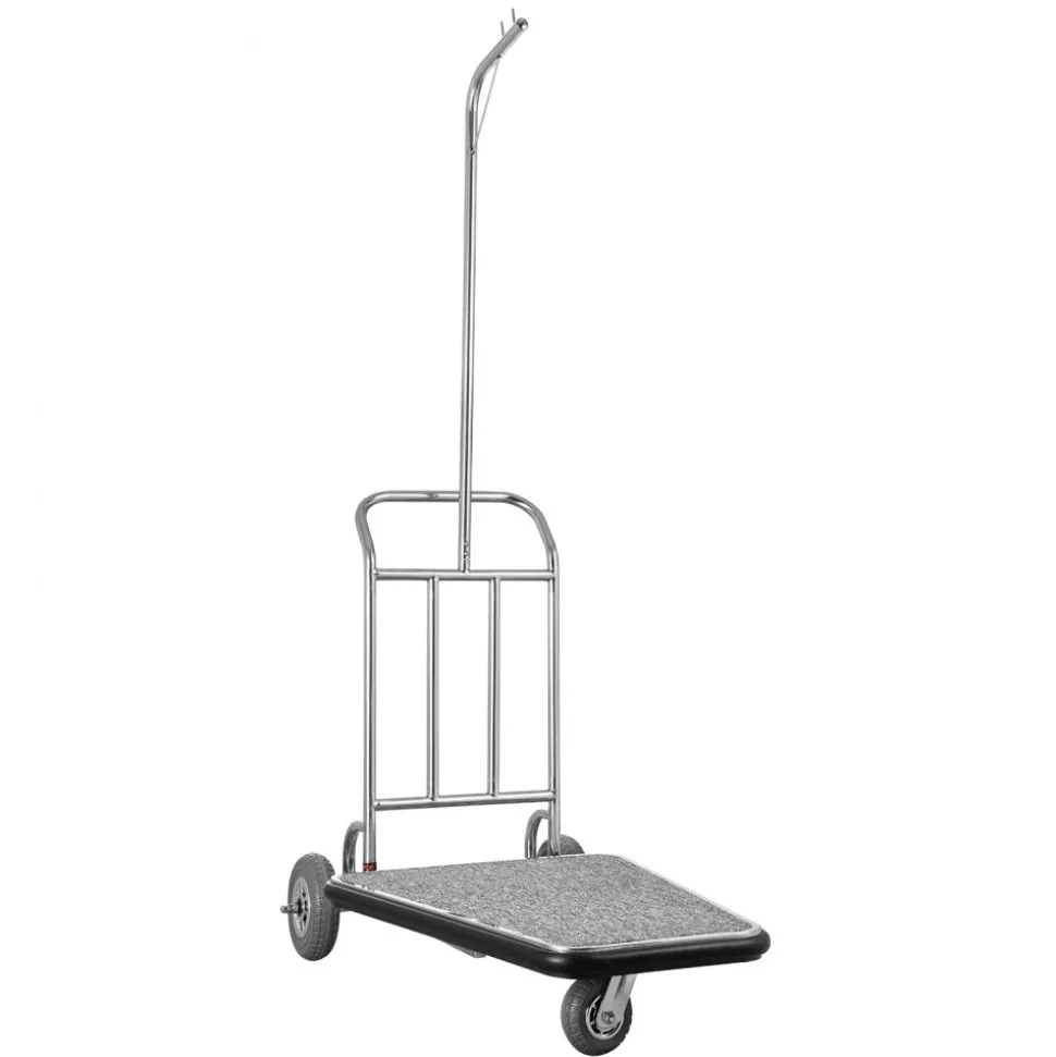 VEVOR Luggage Cart, 600 LBS Load Capacity, 3 Wheel Stainless Steel Bellman Cart, Valet Cart with Grey Carpeted Deck and Rubber Wheels, Ideal for Convention Centers, Hotels, Rental Properties, Silver