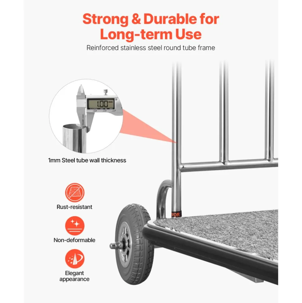 VEVOR Luggage Cart, 600 LBS Load Capacity, 3 Wheel Stainless Steel Bellman Cart, Valet Cart with Grey Carpeted Deck and Rubber Wheels, Ideal for Convention Centers, Hotels, Rental Properties, Silver