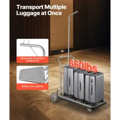 VEVOR Luggage Cart, 600 LBS Load Capacity, 3 Wheel Stainless Steel Bellman Cart, Valet Cart with Grey Carpeted Deck and Rubber Wheels, Ideal for Convention Centers, Hotels, Rental Properties, Silver