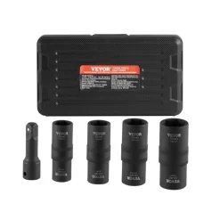 VEVOR Lug Nut Impact Socket Set, 1/2 inch Drive Metric and SAE 6-Point Flip Socket Set, 4 Total Lug Nut Sizes, CR-MO Steel Wheel Socket Set with Storage Case and Extension Bar, for Auto Repair
