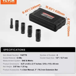 VEVOR Lug Nut Impact Socket Set, 1/2 inch Drive Metric and SAE 6-Point Flip Socket Set, 4 Total Lug Nut Sizes, CR-MO Steel Wheel Socket Set with Storage Case and Extension Bar, for Auto Repair