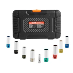 VEVOR Lug Nut Impact Socket Set, 1/2 inch Drive Metric and SAE 6-Point Deep Socket Set, 8 Total Lug Nut Sizes, CR-MO Steel Wheel Socket Set with Storage Case and Extension Bar, for Auto Repair
