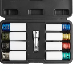 VEVOR Lug Nut Impact Socket Set, 1/2 inch Drive Metric and SAE 6-Point Deep Socket Set, 8 Total Lug Nut Sizes, CR-MO Steel Wheel Socket Set with Storage Case and Extension Bar, for Auto Repair