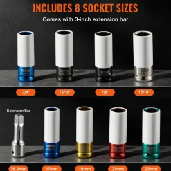 VEVOR Lug Nut Impact Socket Set, 1/2 inch Drive Metric and SAE 6-Point Deep Socket Set, 8 Total Lug Nut Sizes, CR-MO Steel Wheel Socket Set with Storage Case and Extension Bar, for Auto Repair