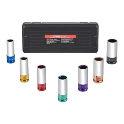 VEVOR Lug Nut Impact Socket Set, 1/2 inch Drive Metric 6-Point Deep Socket Set, 7 Total Lug Nut Sizes 17/19/21/22/23/24/27mm, CR-MO Steel Wheel Socket Set with Storage Case, for Auto Repair