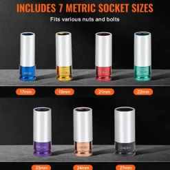 VEVOR Lug Nut Impact Socket Set, 1/2 inch Drive Metric 6-Point Deep Socket Set, 7 Total Lug Nut Sizes 17/19/21/22/23/24/27mm, CR-MO Steel Wheel Socket Set with Storage Case, for Auto Repair