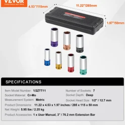 VEVOR Lug Nut Impact Socket Set, 1/2 inch Drive Metric 6-Point Deep Socket Set, 7 Total Lug Nut Sizes 17/19/21/22/23/24/27mm, CR-MO Steel Wheel Socket Set with Storage Case, for Auto Repair