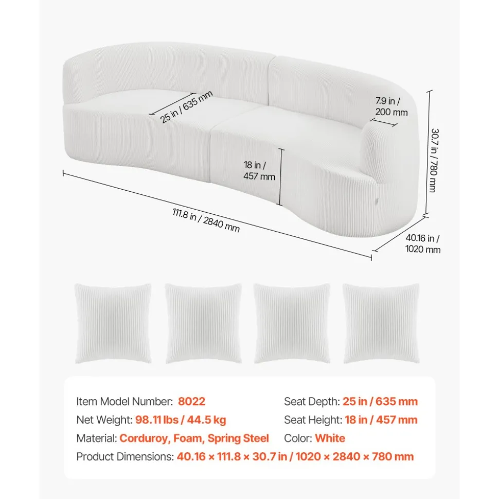 VEVOR Luxury Modern Cloud Plush Sectional Sofa, 112" Curved Modular Couch with 4 Pillows - Oversized Deep Seat Corduroy Fabric for Living Room, Apartment, Office, No Assembly Needed, White