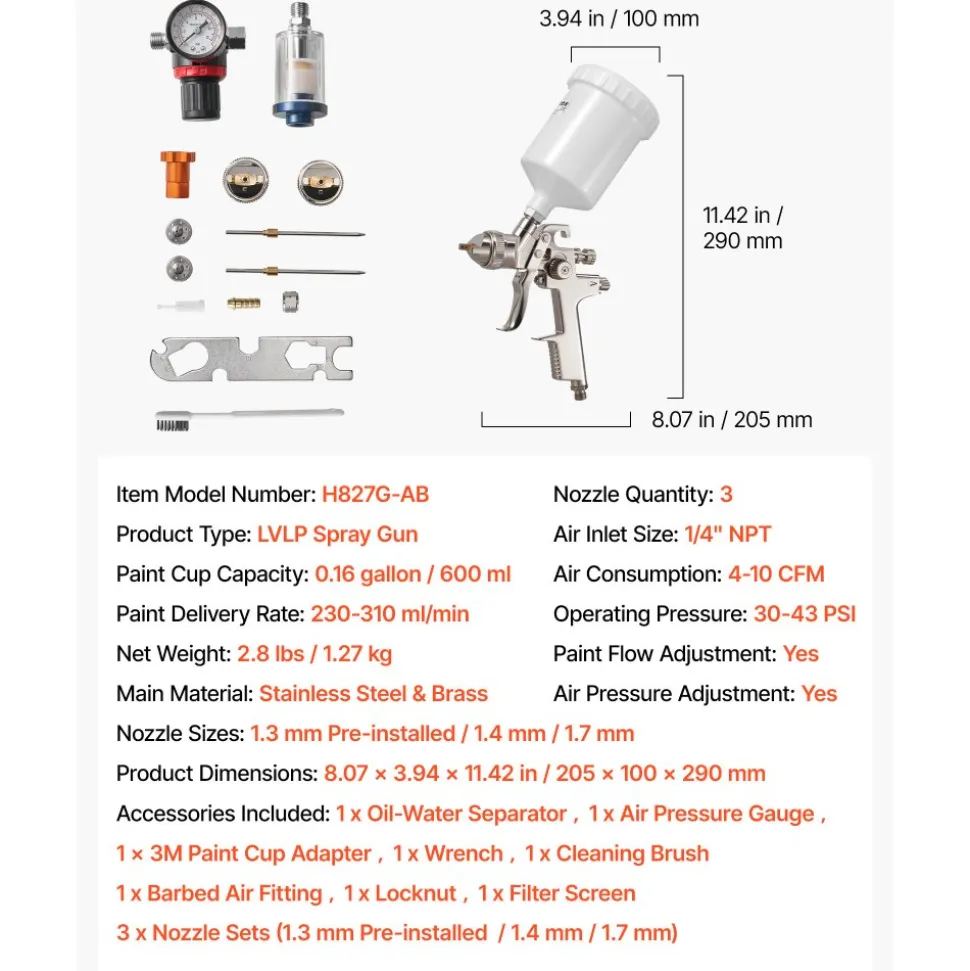 VEVOR LVLP Air Spray Gun, Gravity Feed Paint Sprayer Gun with 3 Nozzles (1.3/1.4/1.7mm), 600ml Capacity Automotive Paint Sprayer with Air Regulator for Furniture, Car Painting, Home Improvement