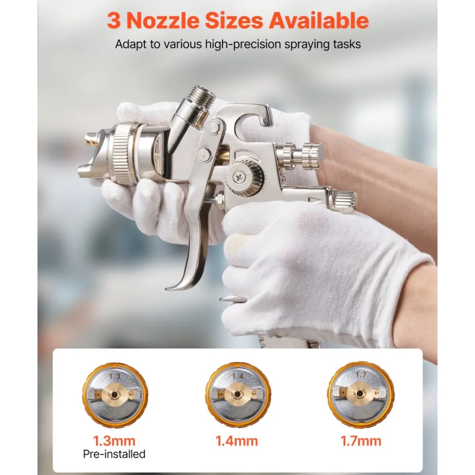 VEVOR LVLP Air Spray Gun, Gravity Feed Paint Sprayer Gun with 3 Nozzles (1.3/1.4/1.7mm), 600ml Capacity Automotive Paint Sprayer with Air Regulator for Furniture, Car Painting, Home Improvement