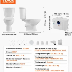 VEVOR Macerating Toilet System with Powerful 800W Macerator Pump, Rear Discharge and Upflush Toilet For Basement, Dual Flush Water Disposal, Macerating Toilet System Kit with 4-Inlet, Space Saving