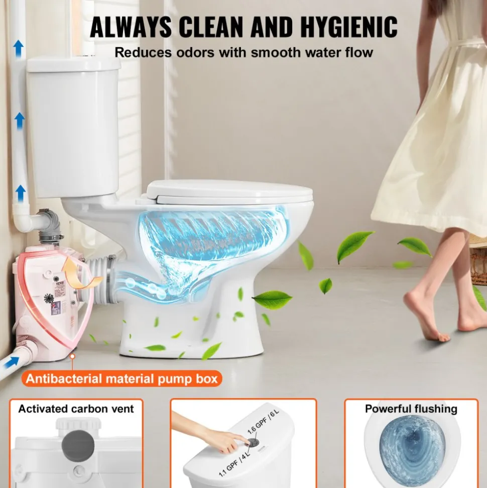 VEVOR Macerating Toilet System with Powerful 500W Macerator Pump, Rear Discharge and Upflush Toilet For Basement, Dual Flush Water Disposal, Macerating Toilet System Kit with 3-Inlet, Space Saving