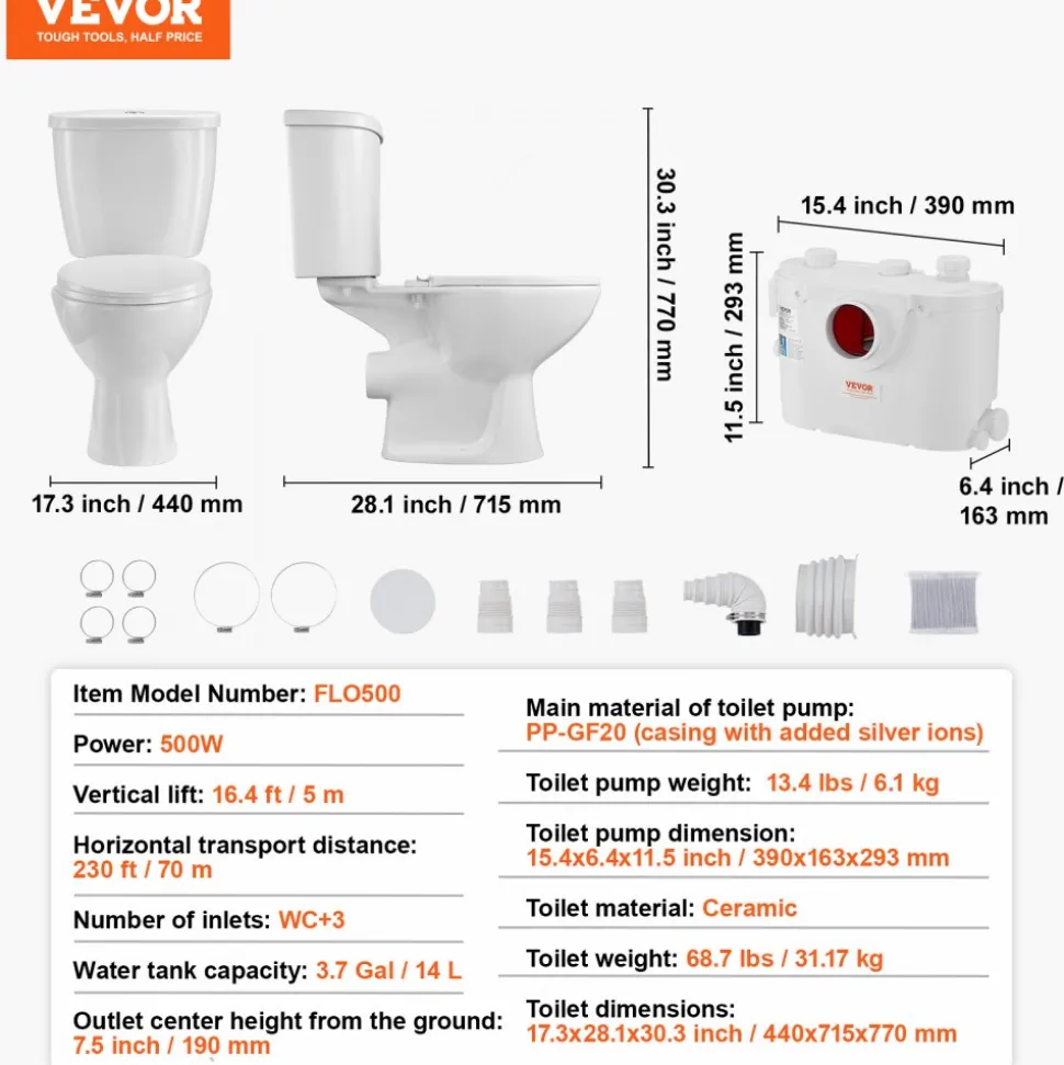 VEVOR Macerating Toilet System with Powerful 500W Macerator Pump, Rear Discharge and Upflush Toilet For Basement, Dual Flush Water Disposal, Macerating Toilet System Kit with 3-Inlet, Space Saving