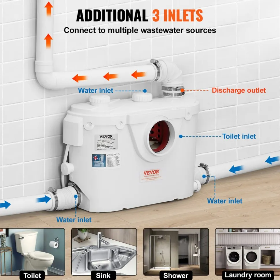 VEVOR Macerating Toilet System with Powerful 500W Macerator Pump, Rear Discharge and Upflush Toilet For Basement, Dual Flush Water Disposal, Macerating Toilet System Kit with 3-Inlet, Space Saving