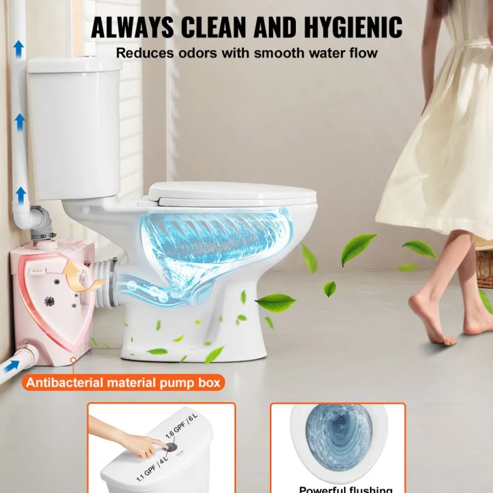 VEVOR Macerating Toilet System with Powerful 700W Macerator Pump, Rear Discharge and Upflush Toilet For Basement, Dual Flush Water Disposal, Macerating Toilet System Kit with 3-Inlet, Space Saving