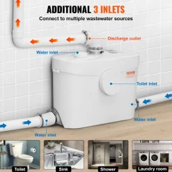 VEVOR Macerating Toilet System with Powerful 700W Macerator Pump, Rear Discharge and Upflush Toilet For Basement, Dual Flush Water Disposal, Macerating Toilet System Kit with 3-Inlet, Space Saving