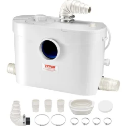 VEVOR Macerator Pump, 900W, 48 GPM Flow, 40 ft/12 m Head, Macerator Sewerage Toilet Pump with 4 Water Inlets, Waste Water Disposal Upflush Machine for Toilet, Basement, Shower, Sink, Laundry, Bathtub